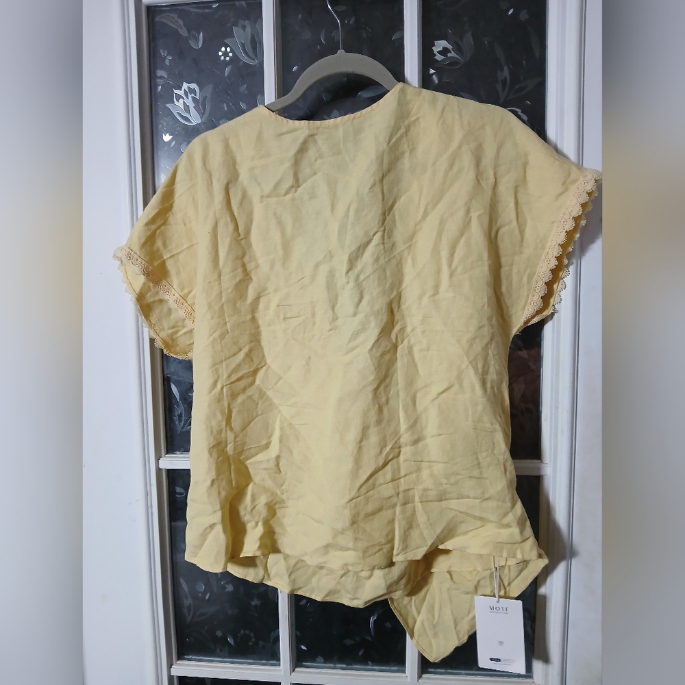 Motf Shein Twist  Womens Large Linen TopYellow Cropped Open Back 20" Pit to